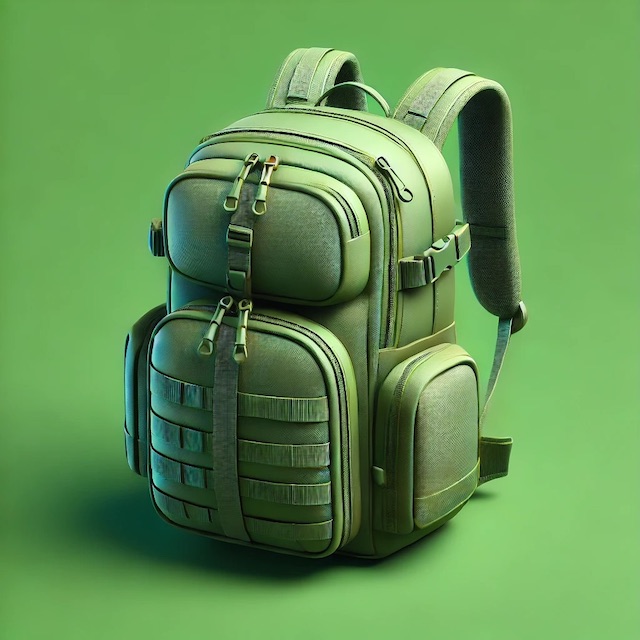 Compact daypack for short trips and hikes, with multiple compartments, against a bright green background.