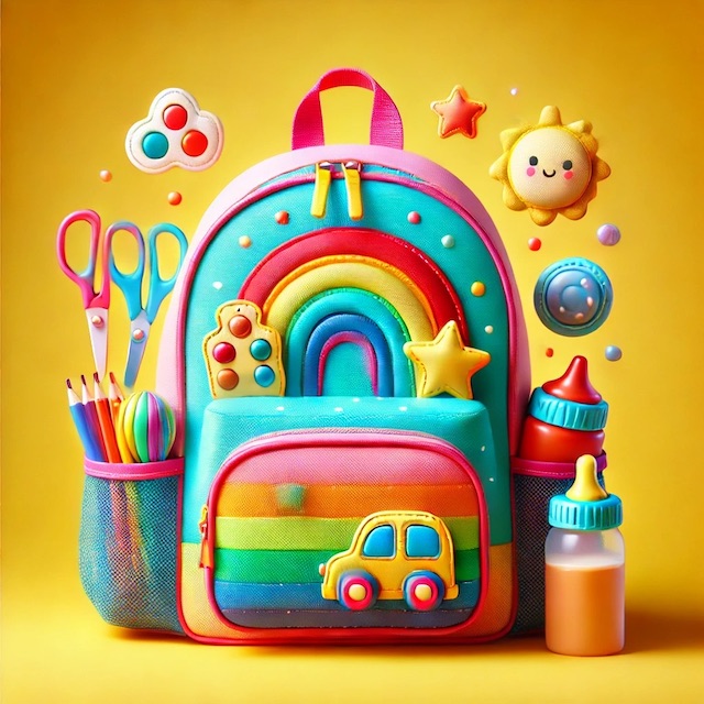 Colorful kids' backpack suitable for carrying snacks and toys, against a bright yellow background.