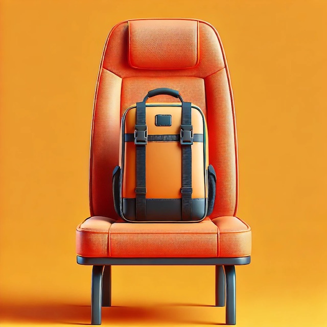 Personal item backpack designed to fit under airline seats, against a bright orange background.