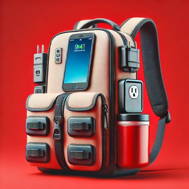 Specialty backpack with innovative features like a built-in charger, against a bright red background.