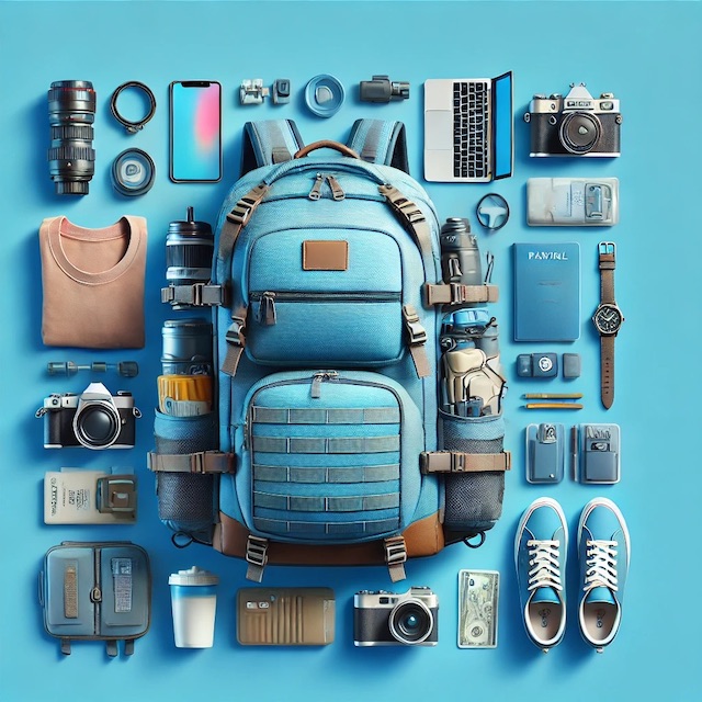 ravel backpack designed for longer trips, with compartments for clothes and gadgets, against a bright blue background.