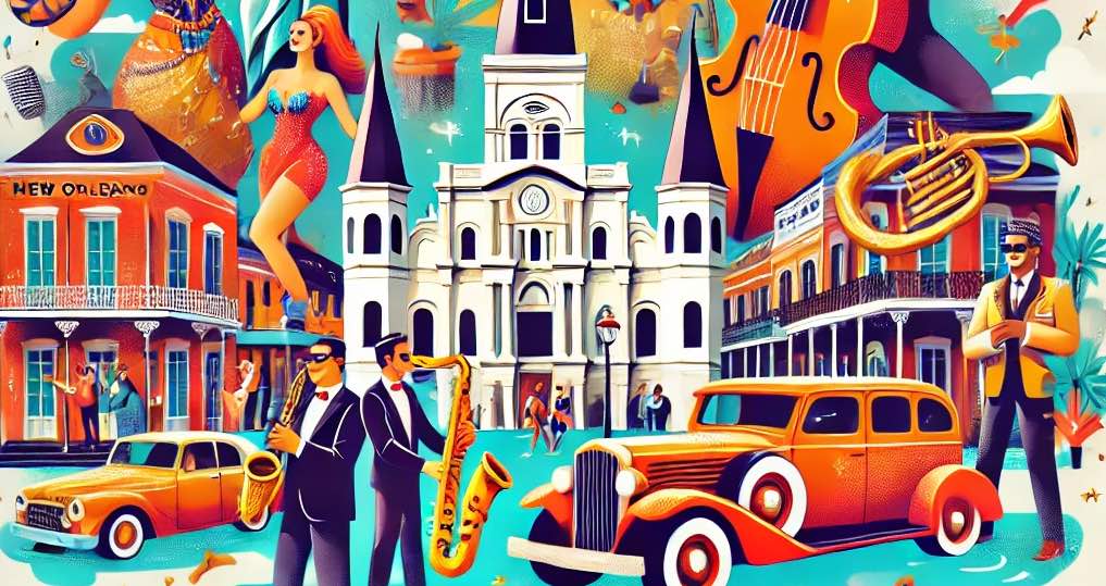 Vibrant hero image showcasing New Orleans cultural highlights, including a Mardi Gras parade with colorful floats, a jazz band performing in the streets, and the historic architecture of the French Quarter, with elements of the New Orleans Museum of Art and the Contemporary Arts Center.