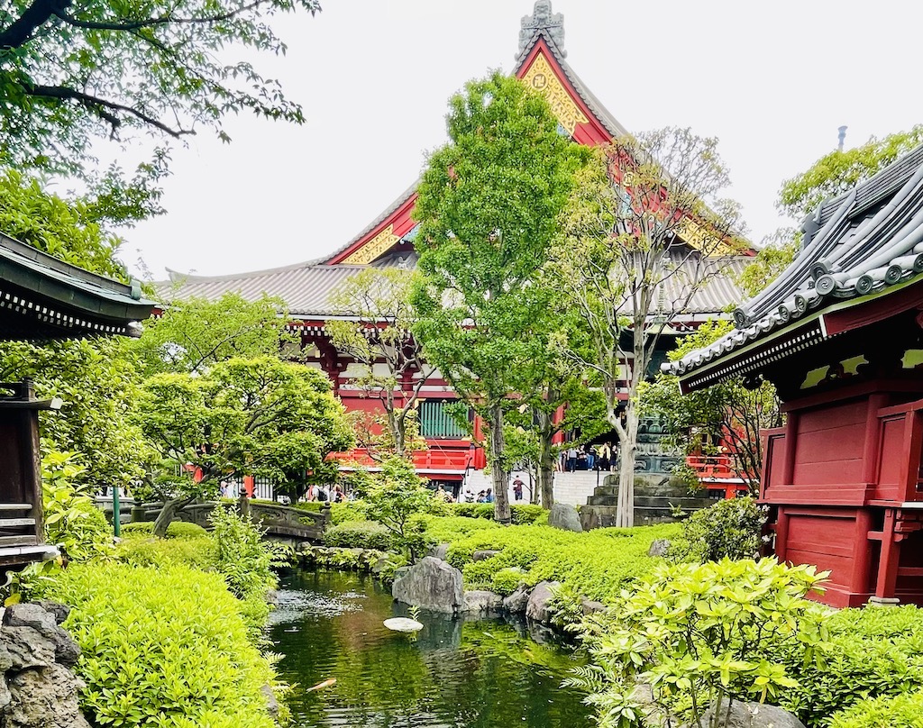 Serene garden view at Senso-ji Temple in Asakusa, Tokyo.