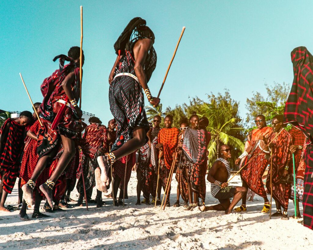 Traditional Maasai tribe members performing a cultural dance in Kenya